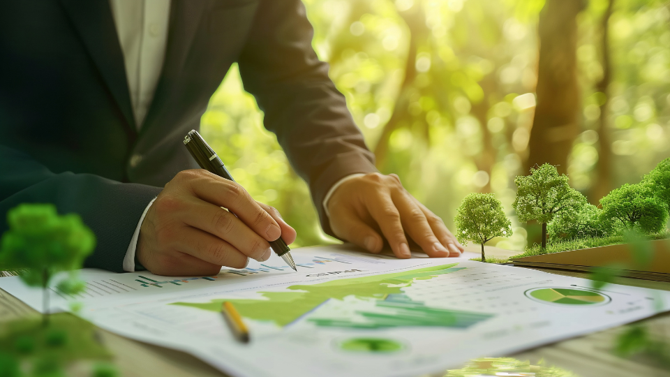 homem de terno desenhando projeto ambiental no meio de arvores